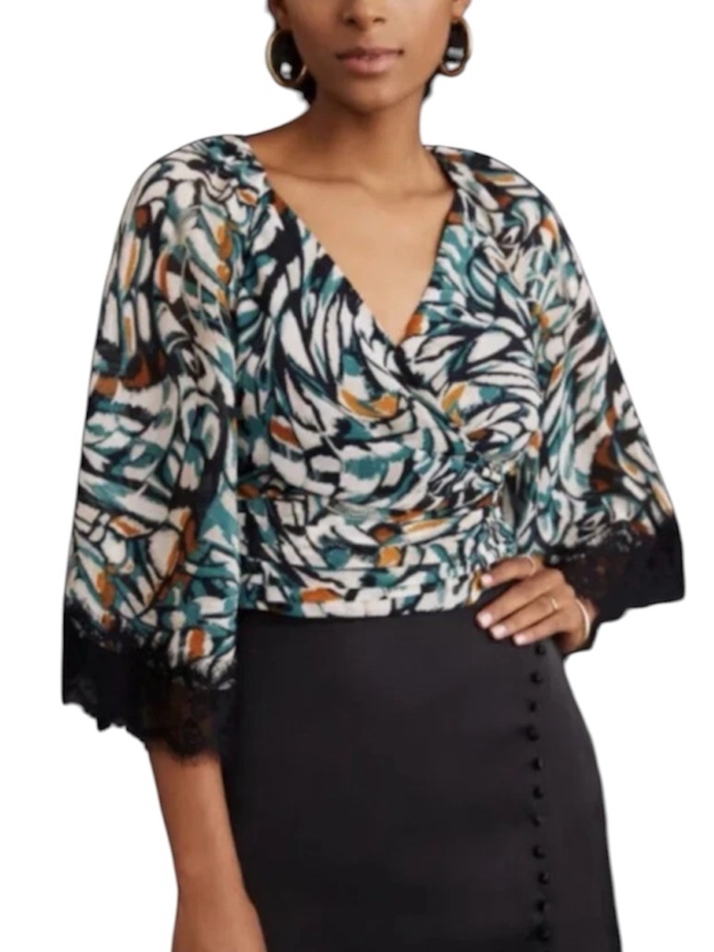 Anthropologie V-Neck Lace Trim Wrap Top Blouse Teal Black Print Sz XS